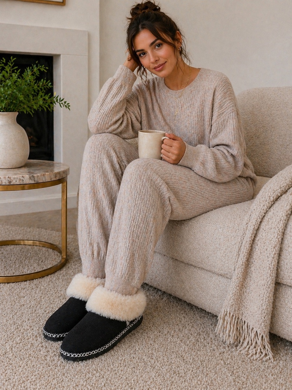 Easy Spirit Women's Black Slippers with Cream Faux Fur Lining